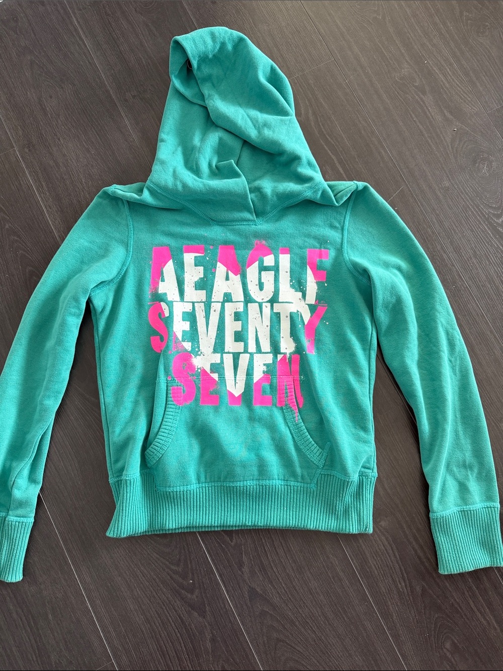 American Eagle Outfitters Teal Hoodie with White and Hot Pink Text